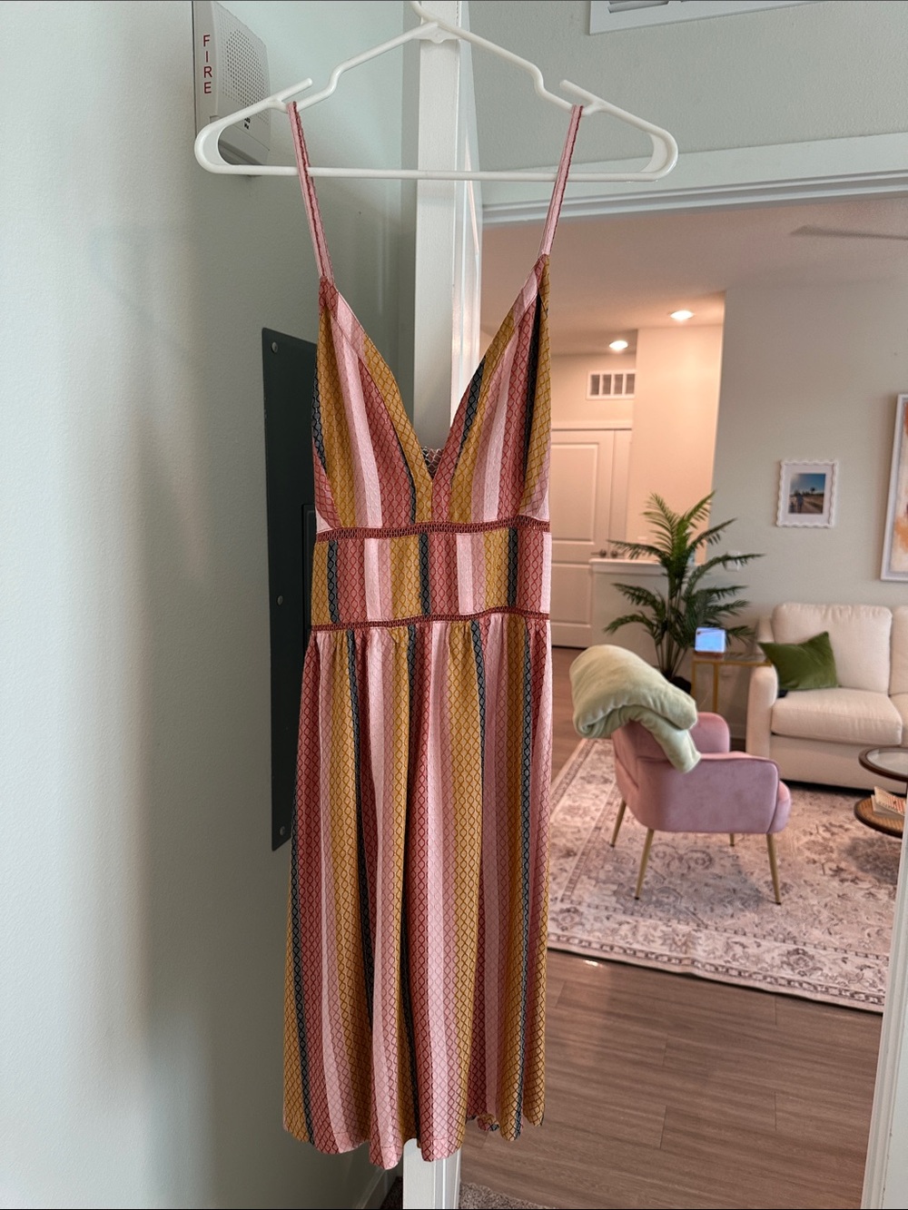 NWT Roxy Cross Back Striped Pink & Mustard V-Neck Spaghetti Strap Dress